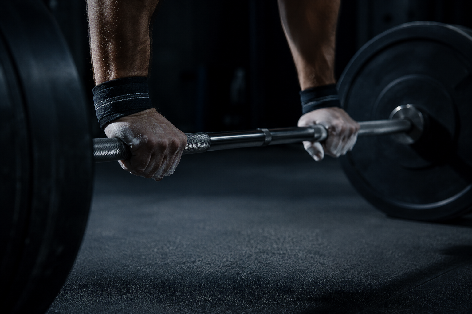 Man's hands gripping a barbell in a gym, dramatic side lighting, representing disciplined training on GLP-1