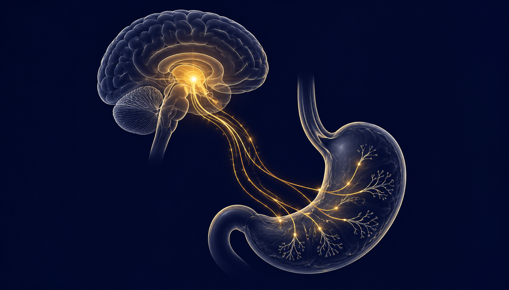 Diagram of the dual GLP-1 appetite suppression pathway showing hypothalamic and gastric signaling