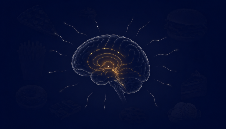 Illustration of the mesolimbic reward pathway showing reduced food noise response on GLP-1