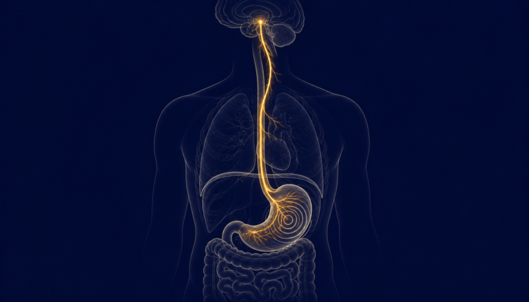 Anatomical illustration of GI tract and vagal nerve pathway showing GLP-1 gastric motility mechanism