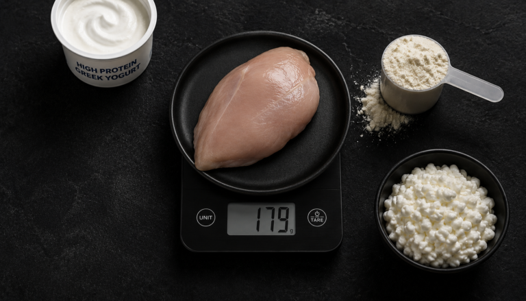 How much protein on semaglutide — food scale measuring high-protein foods for GLP-1 muscle preservation