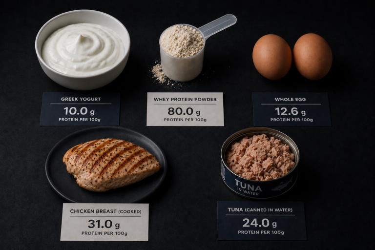 High-protein low-volume foods ranked for GLP-1 users — Greek yogurt, eggs, chicken, and whey protein density comparison
