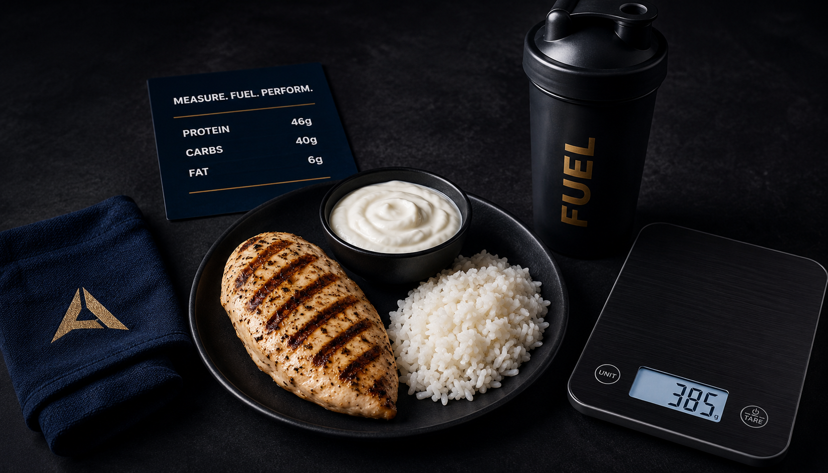 GLP-1 nutrition framework — high-protein meal layout with food scale and protein shake for semaglutide users