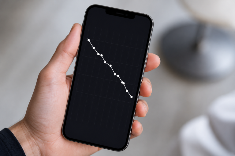 Smartphone displaying a controlled downward weight trend graph with gradual weekly descent