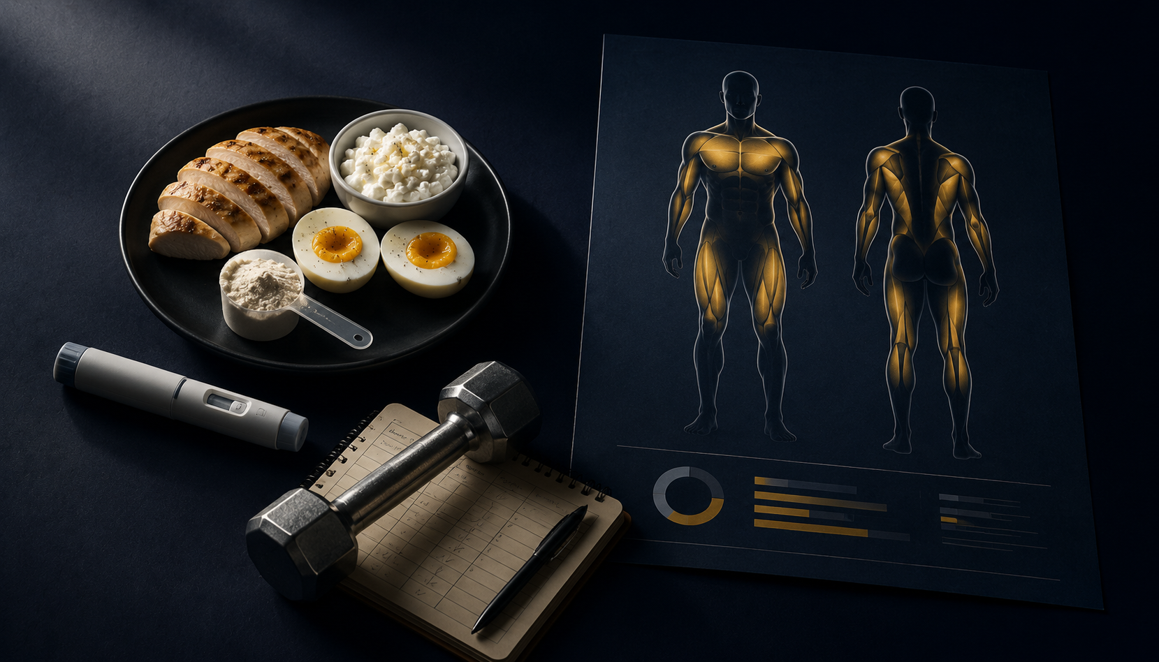 GLP-1 injection pen beside a muscle-preservation visual showing that semaglutide creates a calorie deficit but does not directly cause muscle loss.