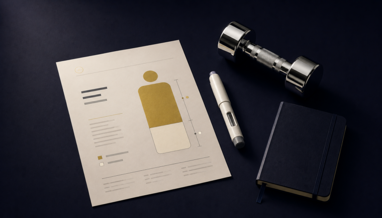 Weightlifting journal, seamglutide pen, dumbell and body composition chart on dark background.