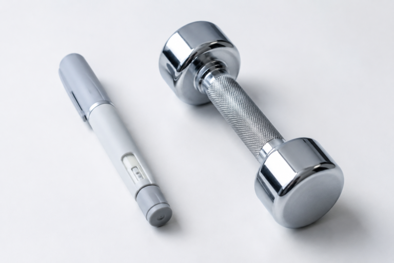 Weekly GLP-1 injection pen beside a small dumbbell on clean white surface