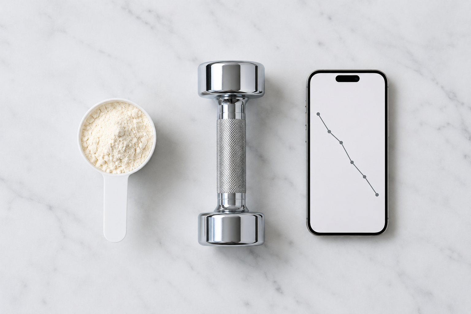 Three items representing the protein, training, and rate of loss levers on a clean white surface