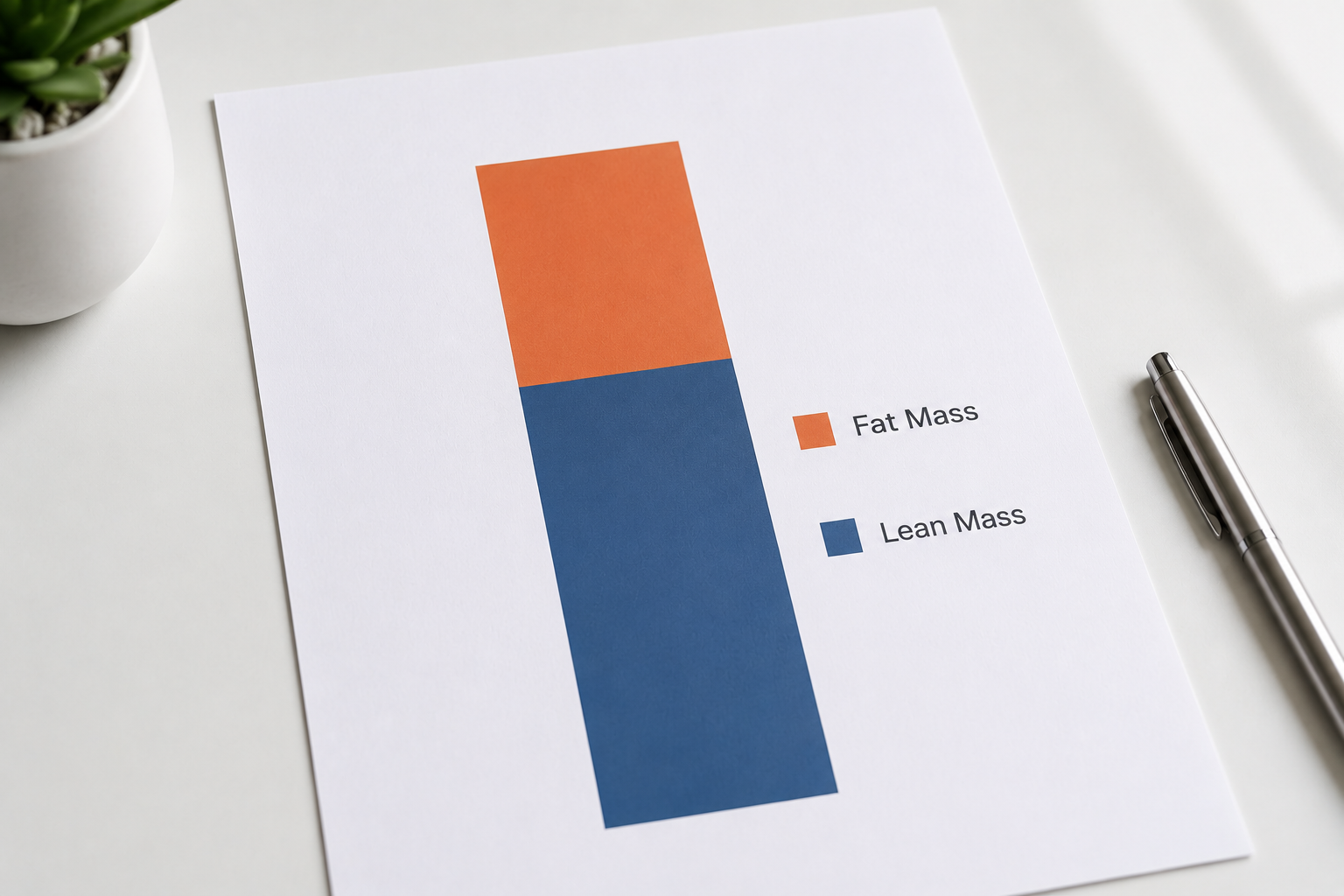 Stacked bar chart printed on white paper showing fat mass and lean mass breakdown from STEP trial data