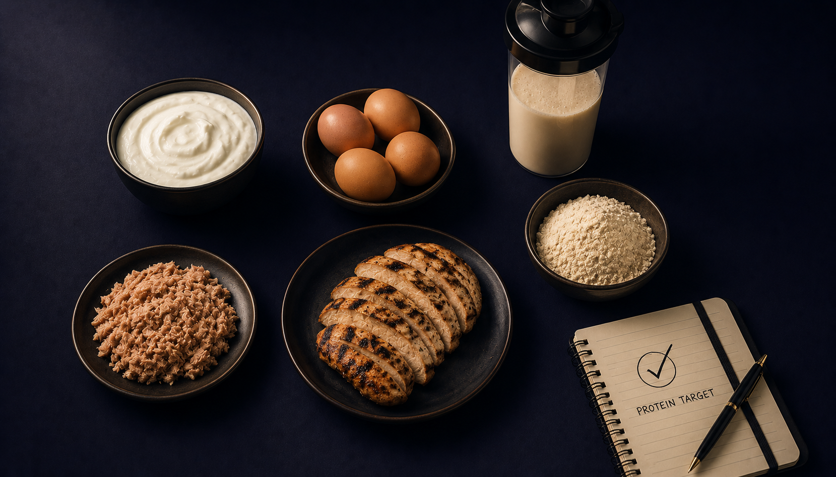 arranged high protein foods - highlighting the importance of protein while on semaglutide