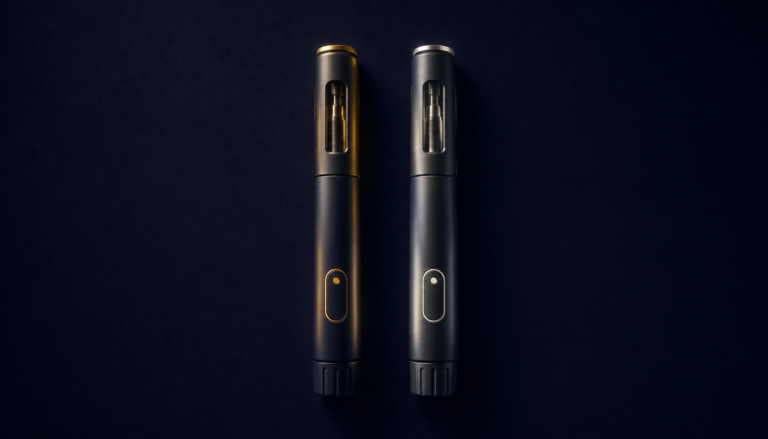 Two weekly injection pens side by side on a dark surface