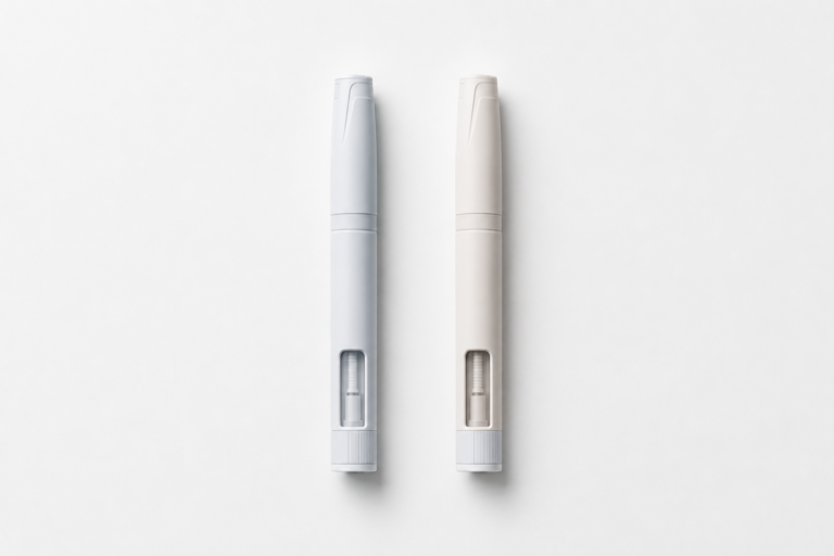 Two weekly injection pens side by side on white surface representing semaglutide and tirzepatide comparison