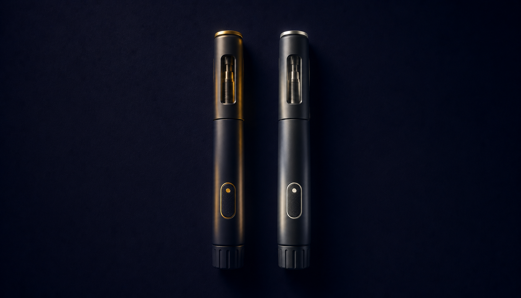 Two weekly injection pens side by side on a dark surface