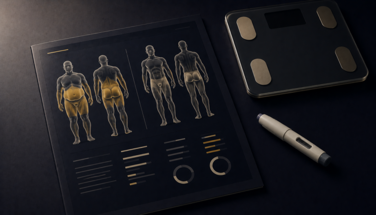 DEXA body composition scan showing fat mass and lean mass distribution side by side.