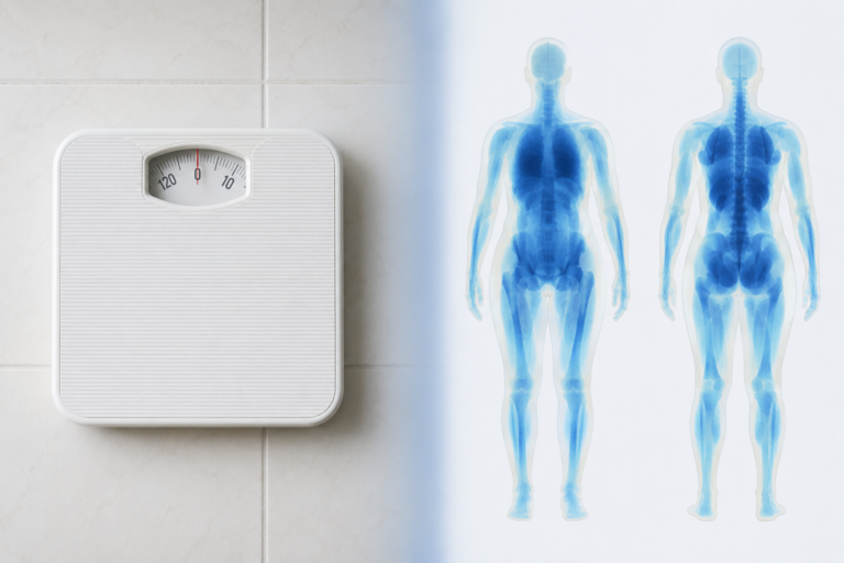 DEXA body composition scan showing fat mass and lean mass distribution side by side.