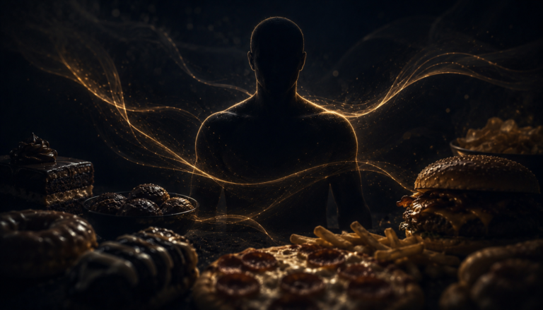 Silhoutte surrounded by food, representing food noise.